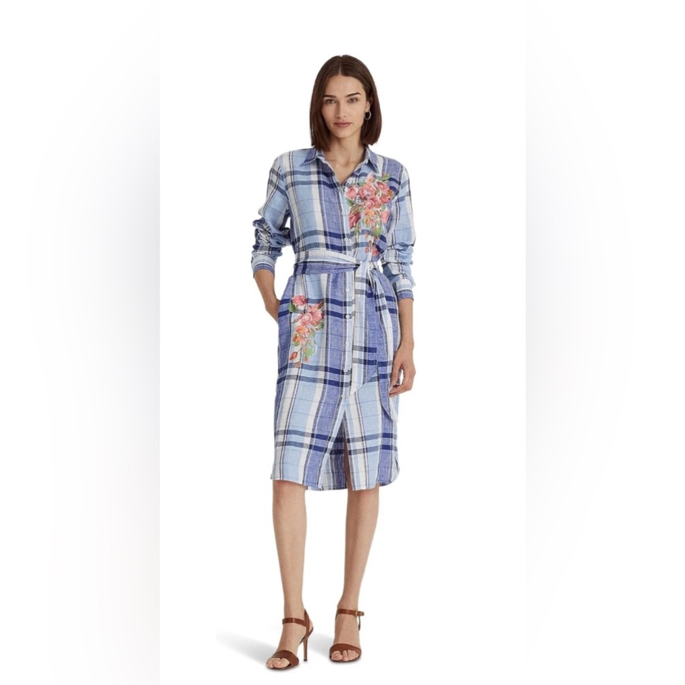 NWT! Ralph Lauren Women's Floral & Plaid Linen Shirtdress Blue/White Size 10 🌺